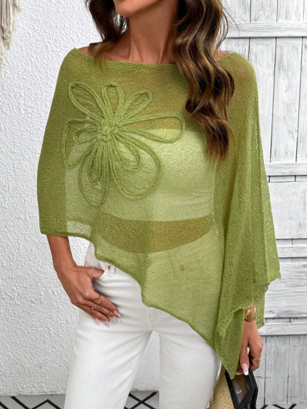 Green Casual Women's Plus Size Asymmetric Hem Design Poncho Style Knit Top - Picture 3 of 7